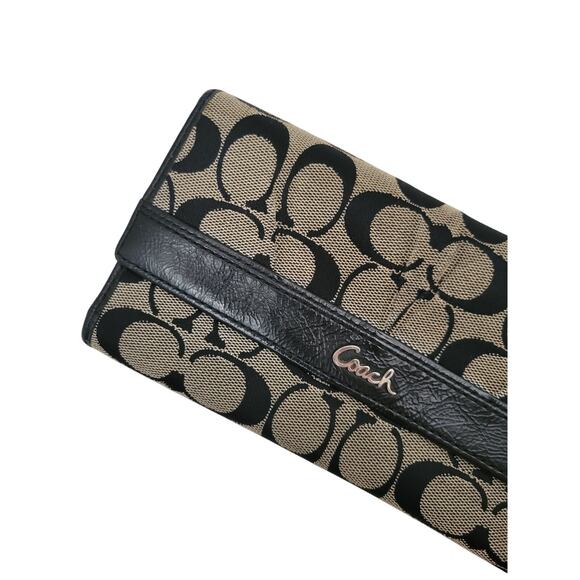Coach Signature Canvas & Leather Pleated Trifold Card Wallet‎ Snap Clutch Brown - Picture 2 of 7